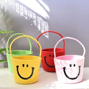Handmade Cotton Rope Woven Storage Basket with Handle Smiley Face Pattern Decorative Desktop Organizer Sundries Handbasket