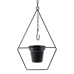 Hanging black metal geometric planter with diamond frame and sturdy suspension chain
