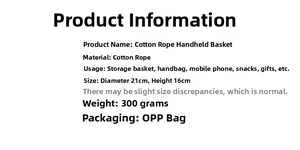 Specifications of cotton rope basket with 21cm diameter and 16cm height for storage