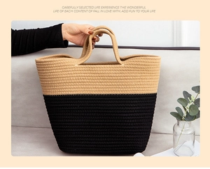 Close-up of handmade woven tote bag in khaki and black contrasting color design