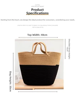 Detail of two-tone woven tote bag with dimensions 40cm width and 30cm height