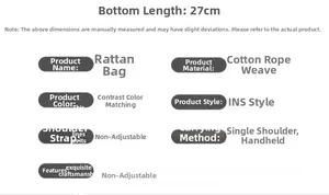 Detail specifications of contrast color woven cotton straw bag with 27CM bottom length