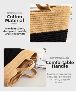 Macro view of woven cotton material and rounded handle on two-tone beach tote bag