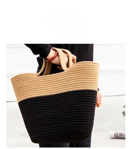 Detailed macro view of bicolor woven cotton rope handbag with sturdy dual handles