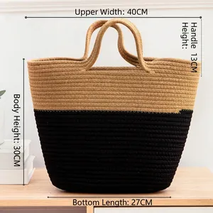Detail view of woven tote bag with dimensions: 40cm top width, 30cm height, 27cm base length