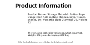 Detailed specifications of the 20x12cm cotton rope storage basket with weight details