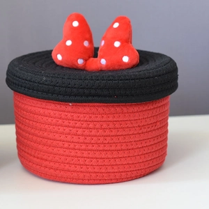 Handwoven cotton rope storage basket with red polka dot bow lid for cosmetics organizer