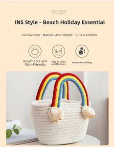 Detail of handmade straw basket bag featuring rainbow braided handles and stylish tassels