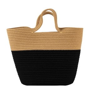 Minimalist straw woven tote bag with a stylish two-tone color block design for beach holidays