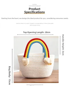 Detailed dimensions of rainbow cotton rope woven bag with size measurements in centimeters