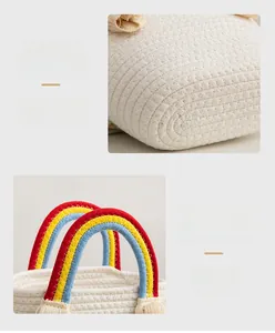 Close-up detail of white cotton rope woven beach bag with colorful rainbow handle design