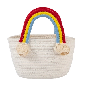 Rainbow handle woven cotton rope bag for beach vacation and cute daily desktop storage