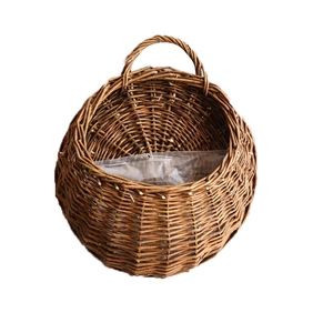 Handmade wicker wall hanging flower basket with plastic lining in dark brown finish