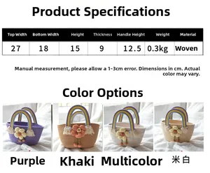 Size chart and dimensions for woven tote bag with colorful handles and floral decor