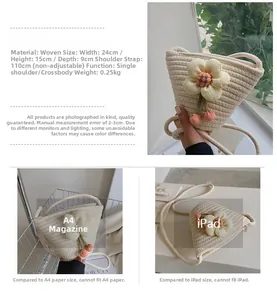 Detailed size chart and dimensions comparison for the woven flower mini bucket bag