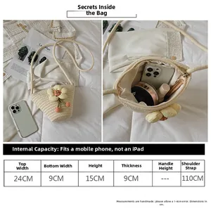 Size chart showing beige woven straw bucket bag dimensions and phone capacity details
