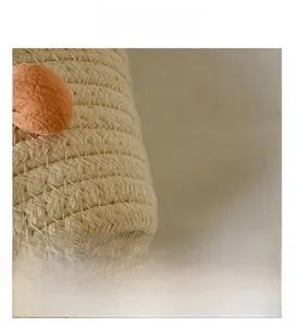 Detail showing handwoven fiber texture and vibrant orange pom-pom charm on the bag
