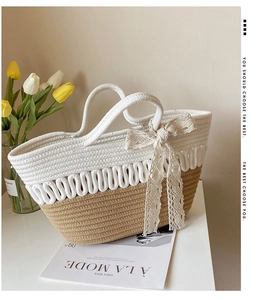 Detail of woven tote bag featuring white cotton rope and natural straw patchwork design