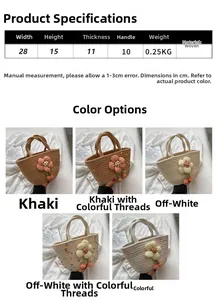 Detailed comparison of five colorful handmade woven handbags with floral 3D decorations
