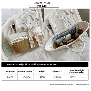 Size chart showing large capacity woven straw handbag dimensions with lace bow detail