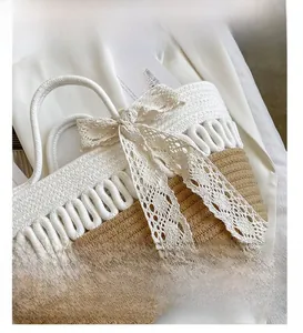 Close-up of woven straw handbag featuring elegant lace bow and intricate rope stitching