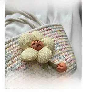 Detail view of woven handbag featuring a large yellow flower and red cherry ornaments