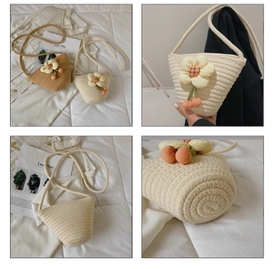 Detailed views of cotton woven mini bucket bags with 3D floral accent and shoulder strap
