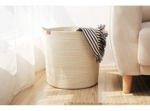 Detail showing high-quality hand-woven cotton rope texture and brown leather label