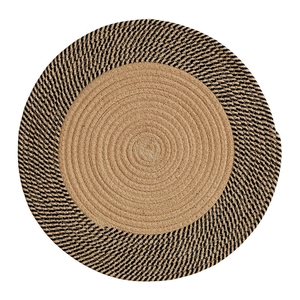 Tapis rond en jute tressée vintage avec centre en spirale naturelle et bord noir