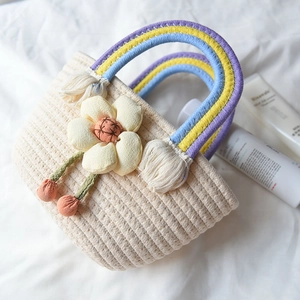 Handmade Woven Handbag With Rainbow Handle And Flower Decor Straw Weave Cotton Rope Tote Bag For Women Summer Beach Vacation