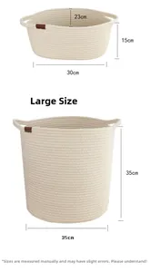 Detailed size chart for cotton rope storage baskets showing small and large dimensions