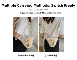 Detail showing versatile carrying ways for crochet mini bucket bag with flower ornament
