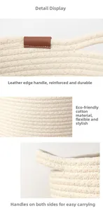 Close-up of cotton rope storage basket showing reinforced leather handles and woven texture