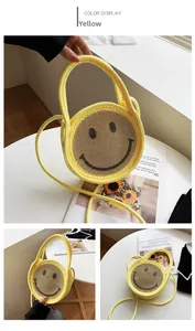 Détails du sac à main jaune tressé avec motif Smiley en strass dorés et bandoulière