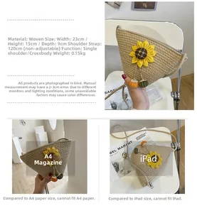 Size comparison of straw sunflower bag with A4 magazine showing compact woven texture