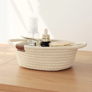 Nordic cotton rope storage basket with leather handle for home organizing