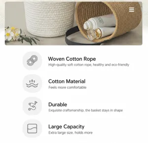 Close-up of durable woven cotton rope storage basket with soft texture and large capacity