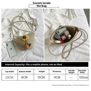 Detailed straw bag size guide showing dimensions 23x15x9cm and sunflower decor
