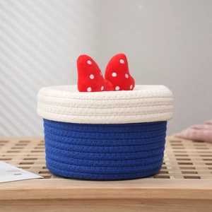 Cartoon Cute Bow Cotton Rope Woven Storage Basket Handcrafted Fabric Organizer Bin For Toys Snacks Desktop Home Decor Blue White