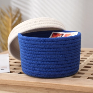 Deep blue cotton rope woven storage basket with cream lid for toys and snacks