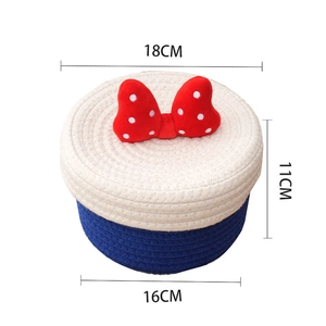 Cute bow woven storage basket with lid for toys and snacks, 18cm round blue organizer