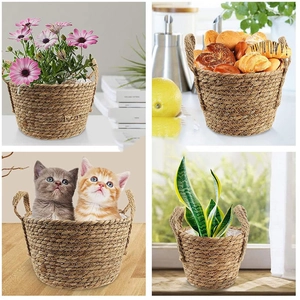 Detailed views of handmade woven grass basket used as plant pot and storage with handles