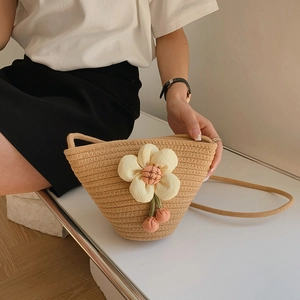 Summer Handmade Cotton Linen Woven Mini Bucket Bag Fashion Floral Flower Cherry Pendant Crossbody Shoulder Beach Bag Women