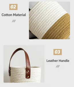 Close-up of handwoven cotton storage basket with brown leather handle and rivet detail