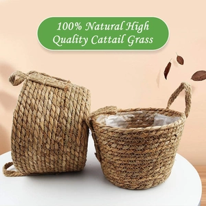 Detail showing natural handwoven cattail grass texture and waterproof inner lining of baskets