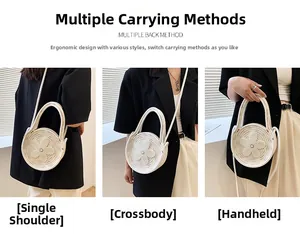 Détails du sac rond en tricot beige à fleurs, styles porté main et bandoulière réglable