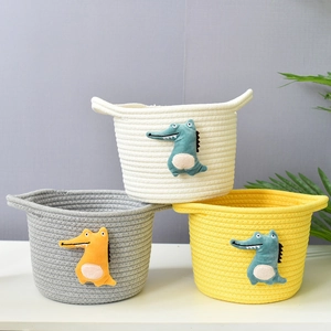 Handmade Woven Hemp Storage Basket With Cartoon Crocodile Round Foldable Desktop Organizer For Nursery Kids Room Laundry