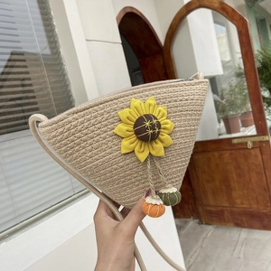 Women Handwoven Cotton Sunflower Straw Shoulder Bag Summer Beach Vacation Crossbody Bag With Zipper Closure Bucket Bag