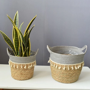 Detail of woven seagrass planter with white fringe tassels and tiger lily indoor plant