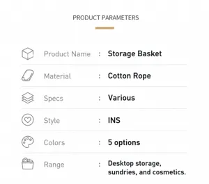 Detailed product specifications for cotton rope storage baskets with multiple colors